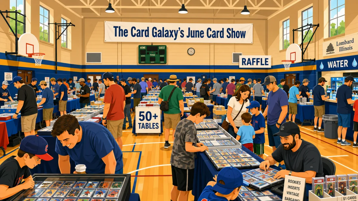 The Card Galaxy's June Card Show in Lombard, Illinois. Collectors browsing graded cards across 50+ tables in a school gym, with raffle and water stations.