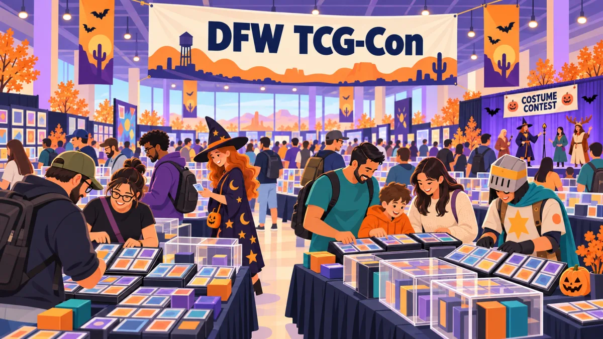 Collectors browse trading-card tables beneath a DFW TCG-Con banner inside a convention hall. Costumed attendees and pumpkin decorations add a Halloween-season touch beside a costume-contest area.