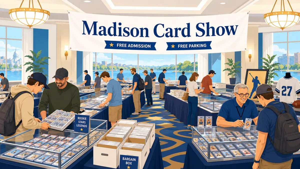 Illustration of collectors browsing card tables inside a bright hotel ballroom beneath a Madison Card Show banner with free admission and parking callouts.