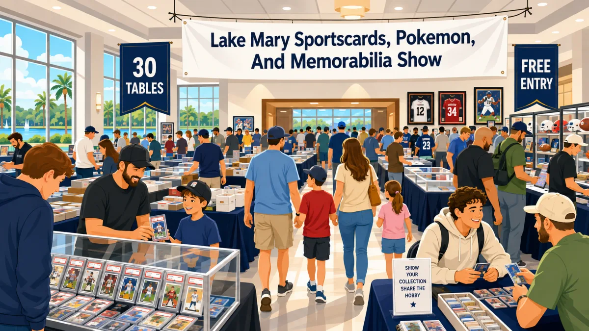 Lake Mary Sportscards, Pokemon and Memorabilia Show with families browsing 30 tables of graded cards and framed signed jerseys under a Free Entry banner