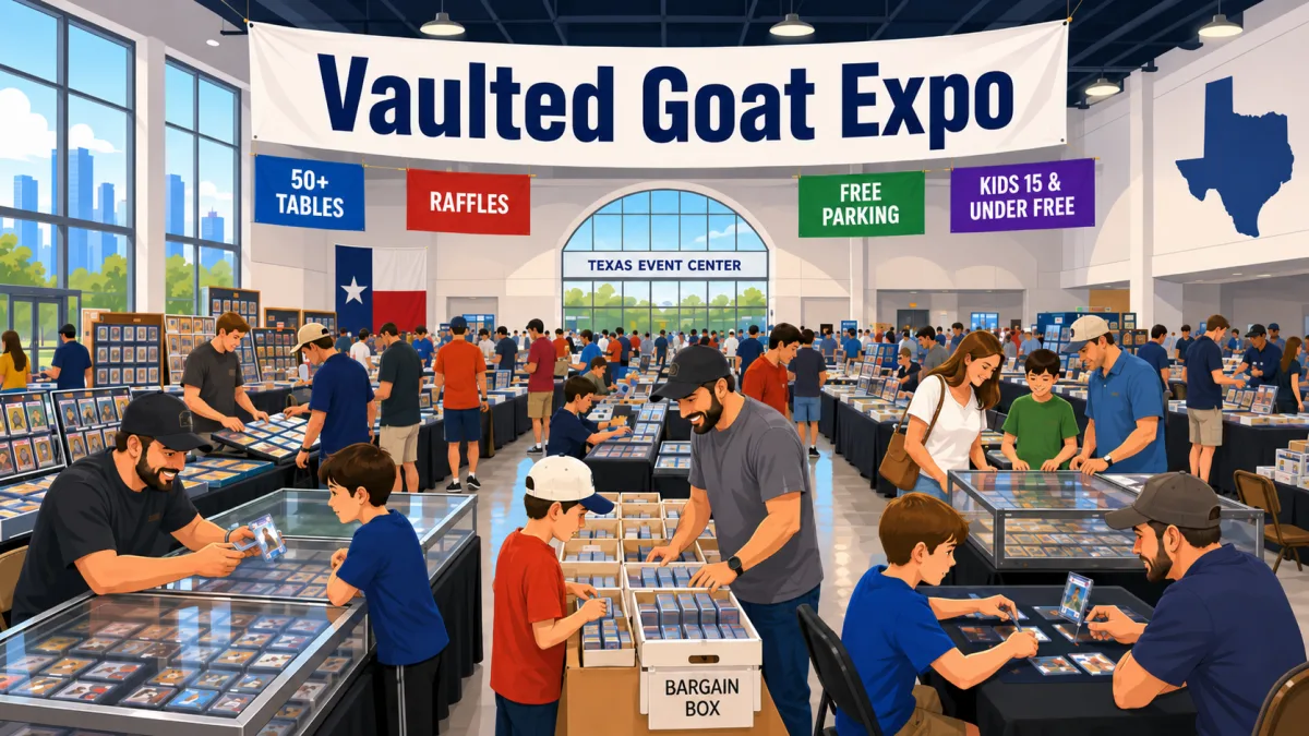 Vaulted Goat Expo at the Texas Event Center, collectors browsing glass cases of graded cards, a bargain box, and crowded vendor tables.