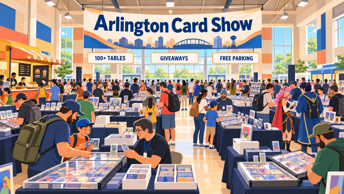 Illustration of families and collectors browsing card tables beneath an Arlington Card Show banner inside Meadowbrook Recreation Center.