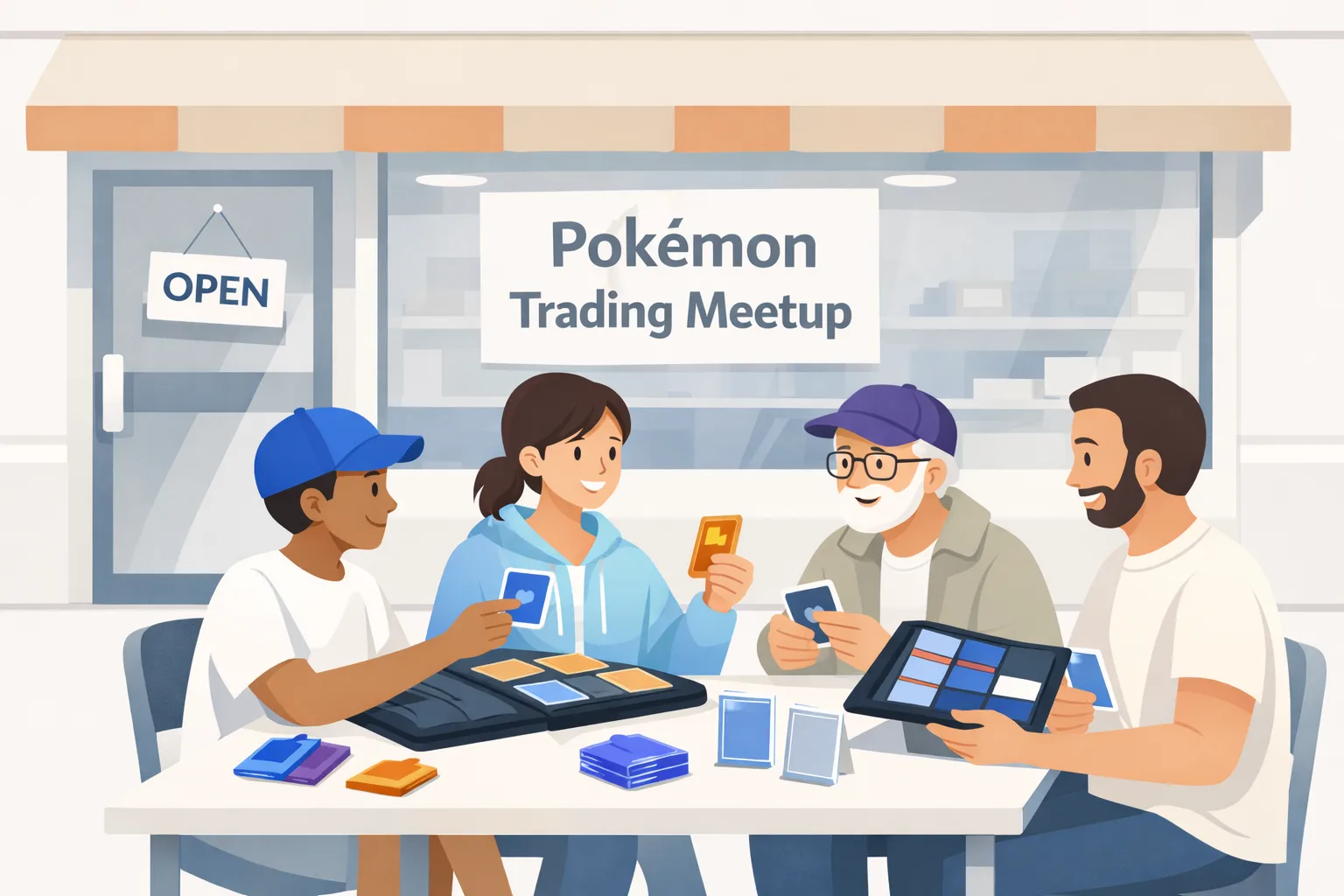 Modern illustration of a retail storefront Pokémon trading meetup, with four collectors trading cards from binders at a table outside the store.