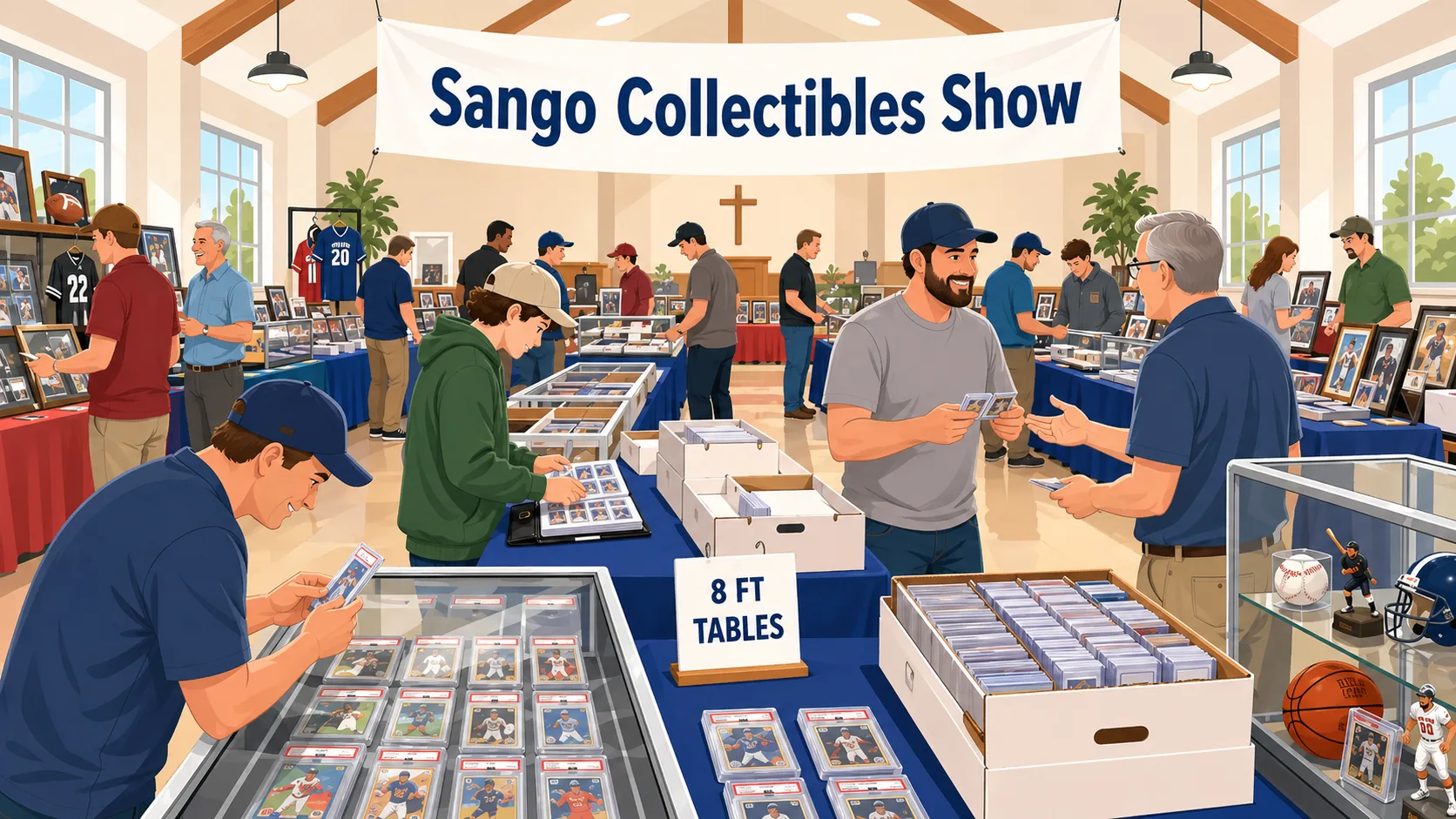 Sango Collectibles Show in a church fellowship hall, with PSA-graded baseball cards on 8-ft tables, jerseys, and sports memorabilia in glass cases.