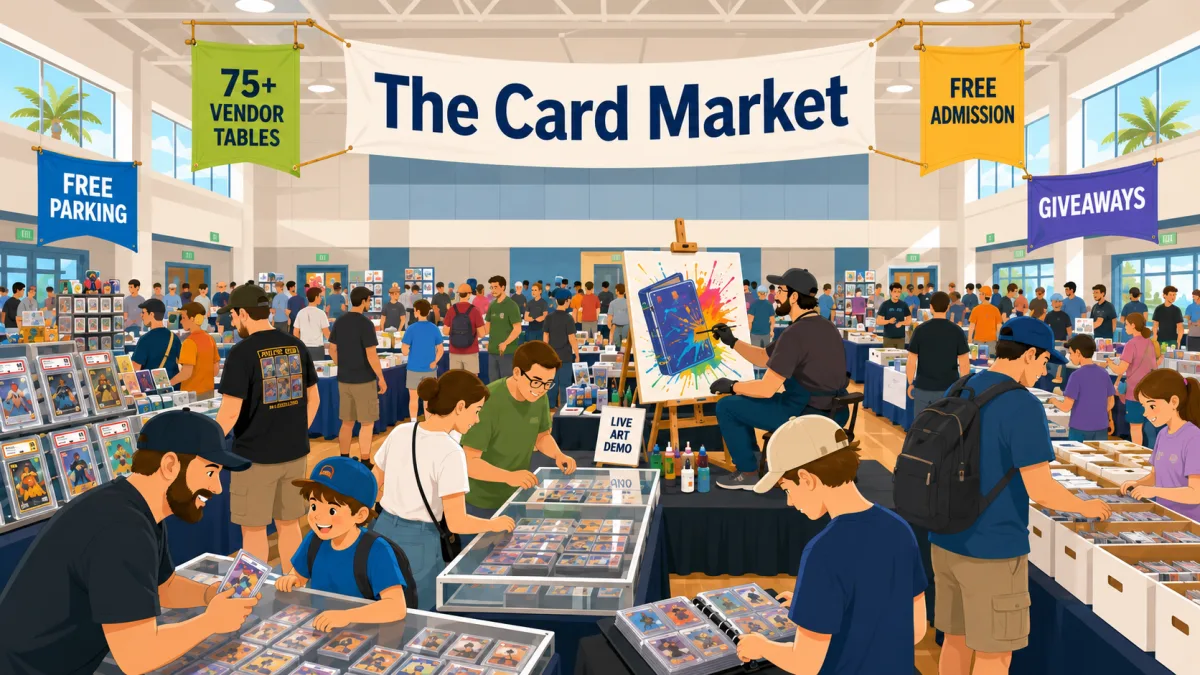 The Card Market trading card show with 75+ vendor tables, families browsing graded slabs in display cases, and a live painting art demo underway.