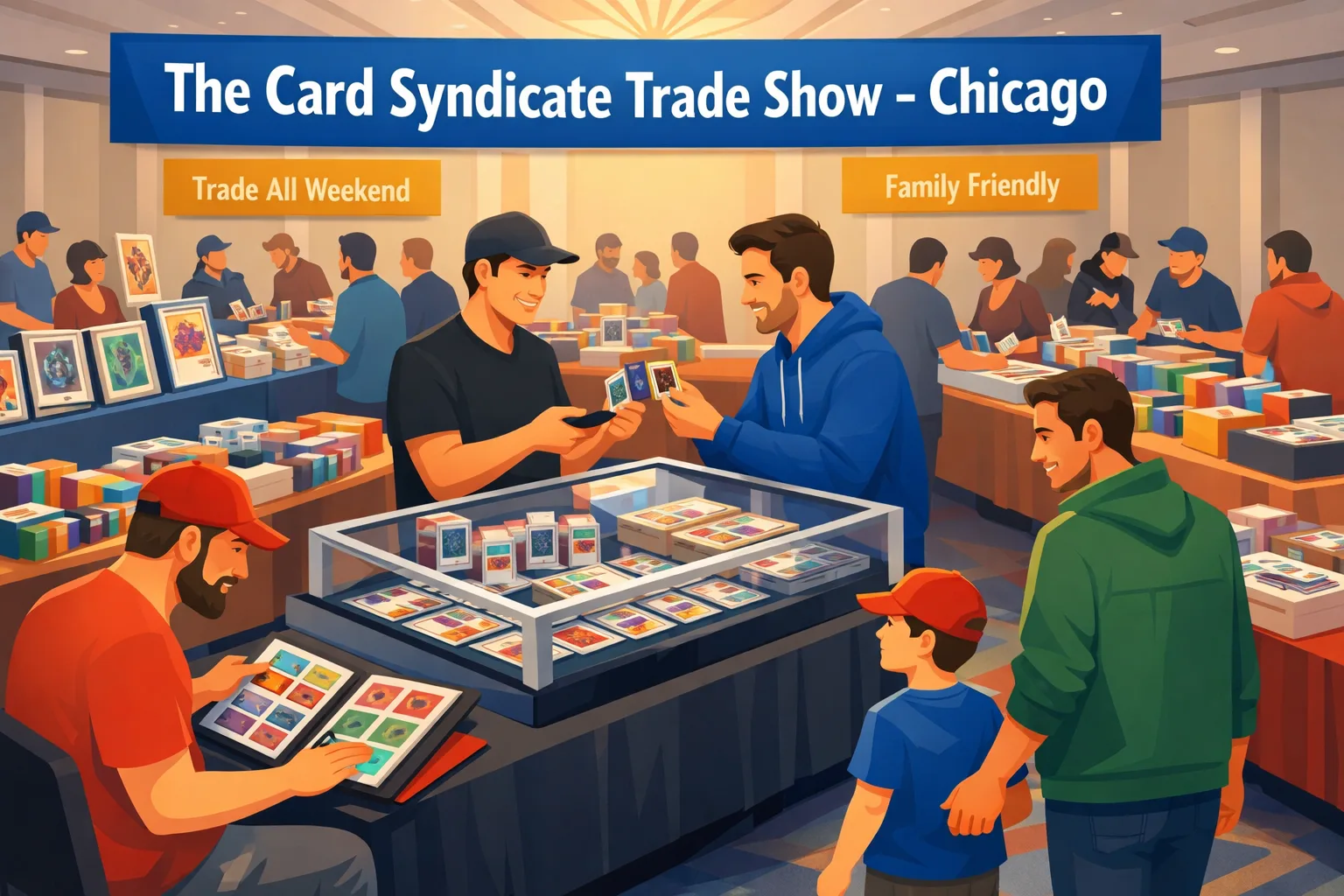 Illustration of The Card Syndicate Trade Show – Chicago in Rosemont, showing a busy hotel ballroom with vendor tables, display cases, sports cards, TCG binders, slabs, sealed product, and collectors trading.