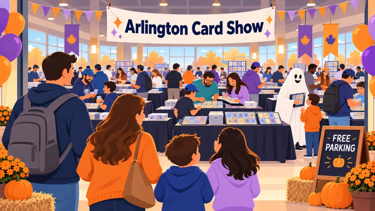 Families and collectors browse trading card tables beneath an Arlington Card Show banner inside a recreation center. Pumpkin decorations and an attendee in a friendly ghost costume add an October seasonal touch.