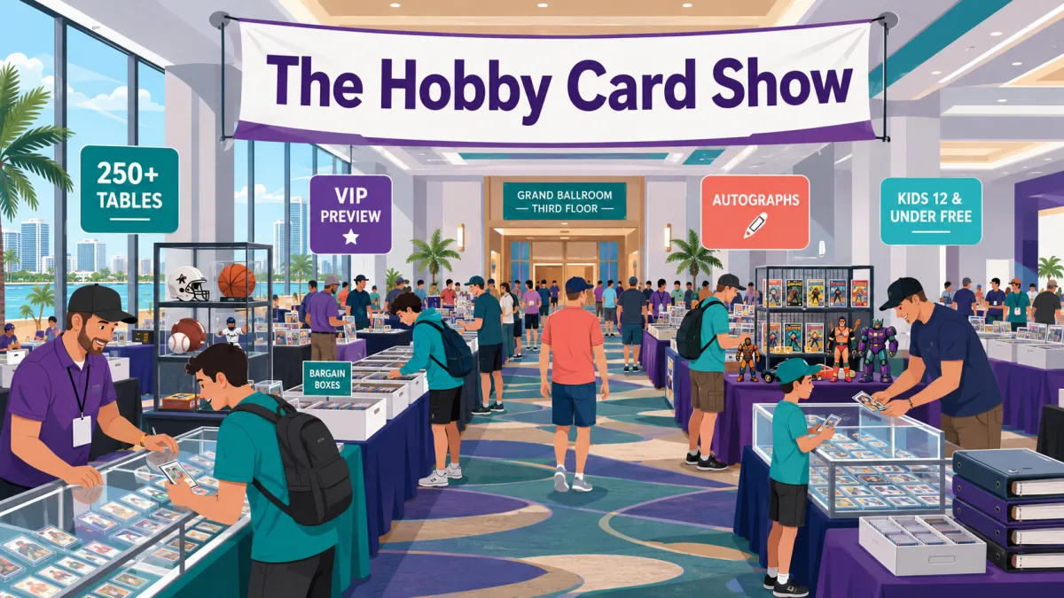 Editorial illustration of families and collectors browsing card tables beneath The Hobby Card Show banner inside a Fort Lauderdale convention-center ballroom.
