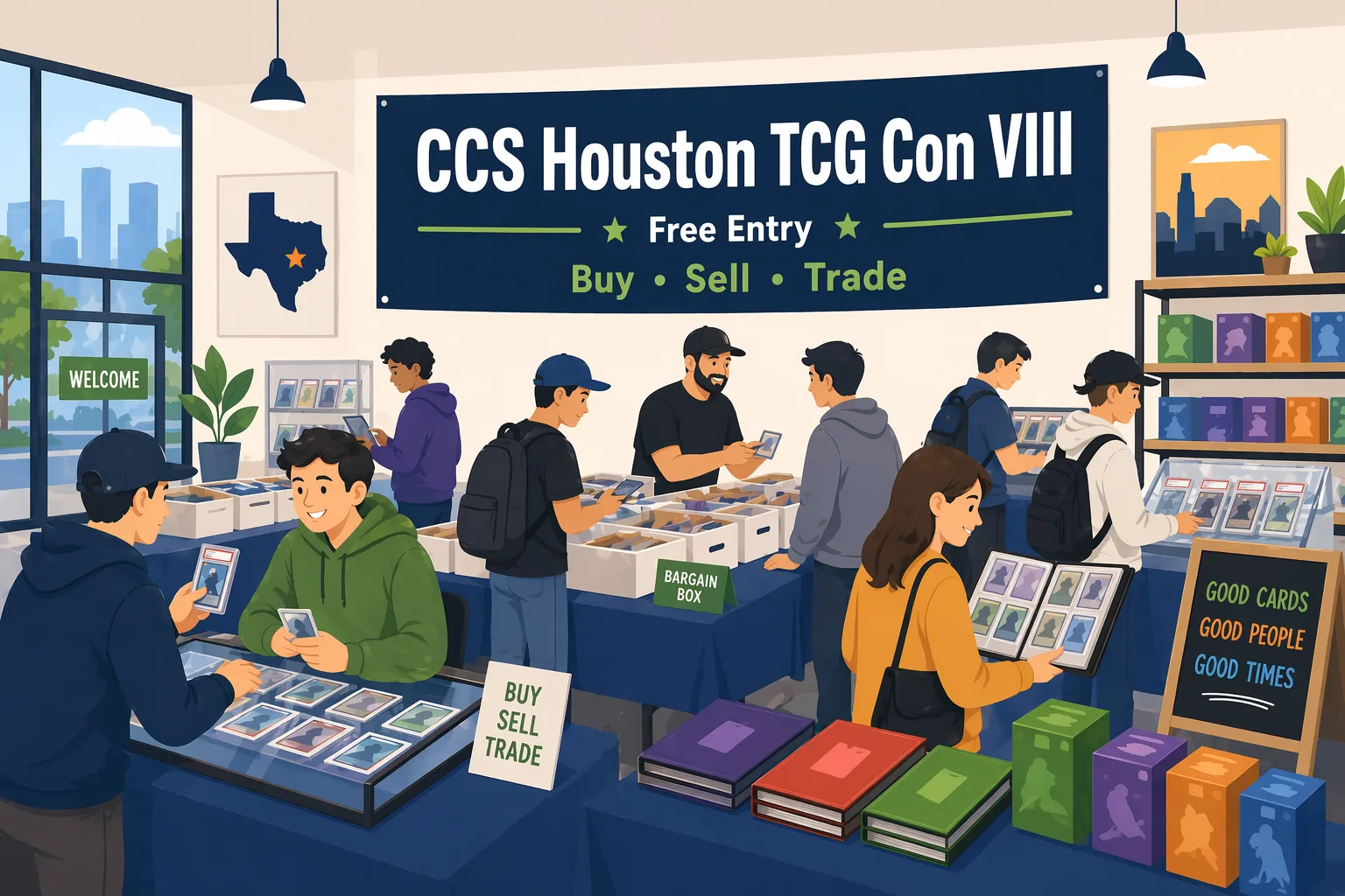 CCS Houston TCG Con VIII show floor in Houston, Texas, with vendor tables, display cases, TCG binders, graded cards, sealed product, and collectors browsing inside a storefront-style venue, with the city visible through the windows.