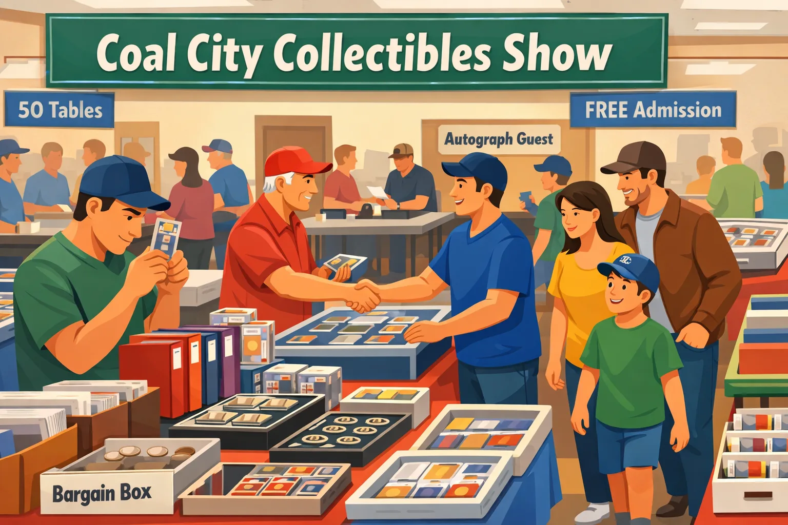 Hero illustration of the Collectibles Show in Coal City, Illinois, showing a community center floor with vendor tables, sports cards, Pokémon binders, comics, coins, toys, display cases, and collectors browsing near an autograph area.