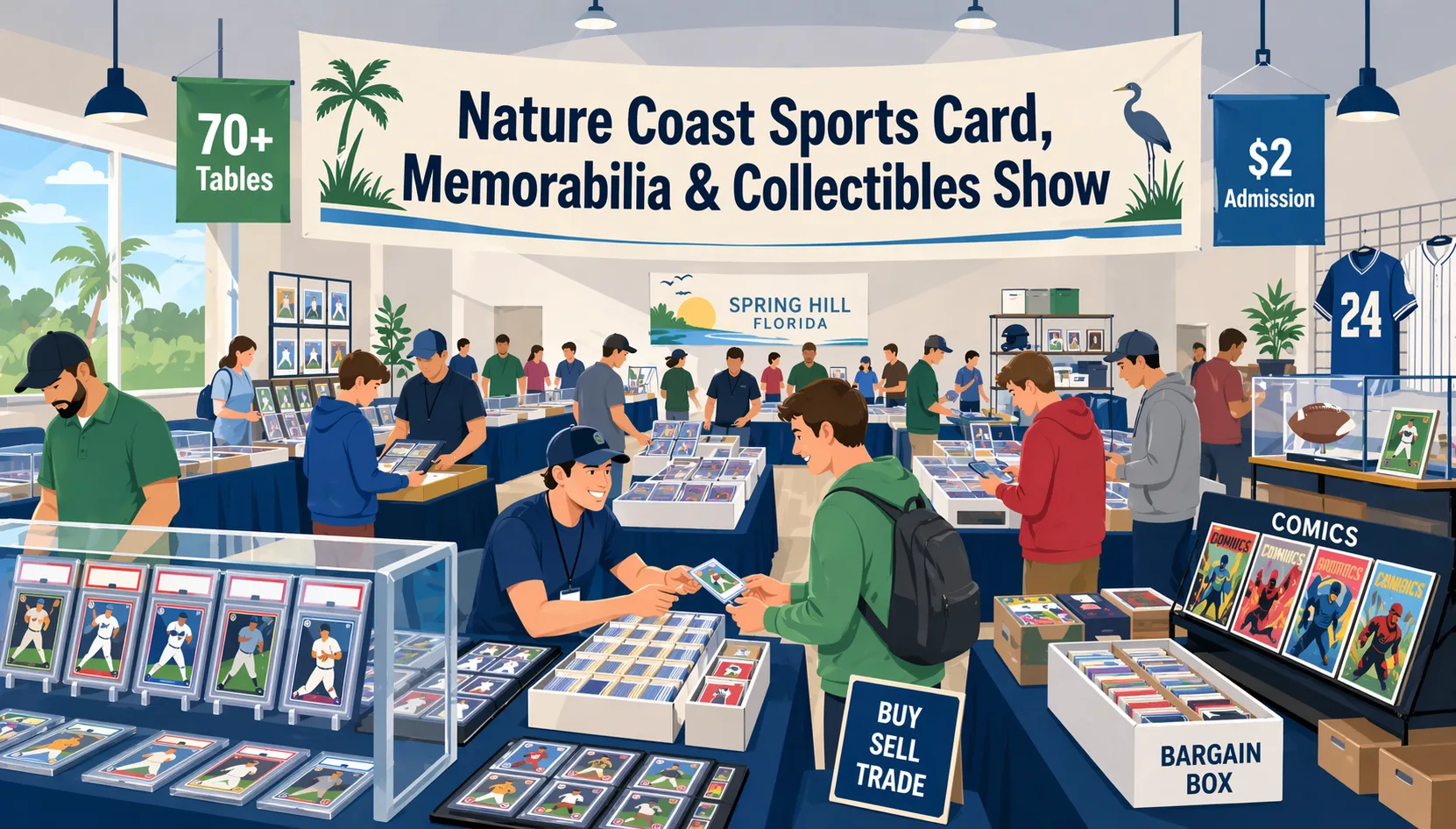 Nature Coast Sports Card, Memorabilia & Collectibles Show in Spring Hill, Florida, with vendor tables, card slabs, binders, memorabilia, collectors browsing inside a parish hall, and comic books displayed neatly on the right side of the image.