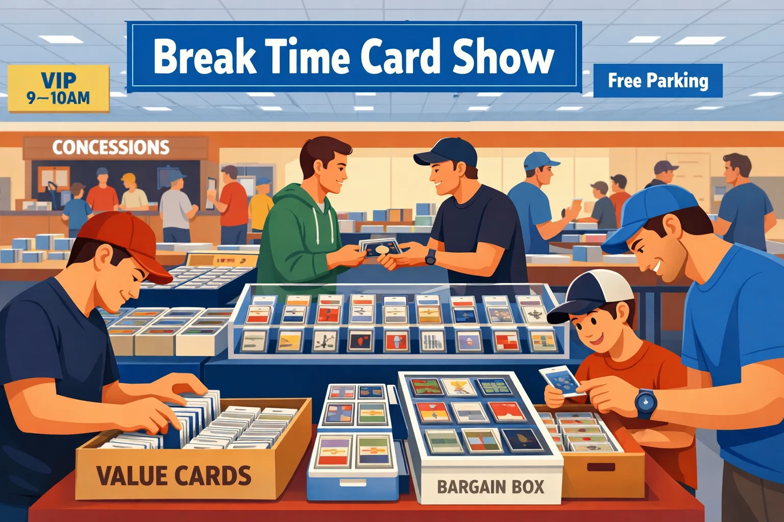 Break Time Card Show in La Grange, Illinois inside the McCook Athletic & Exposition Center with vendor tables, display cases, sports cards, Pokémon, TCG binders, collectors browsing, and concessions in the background.