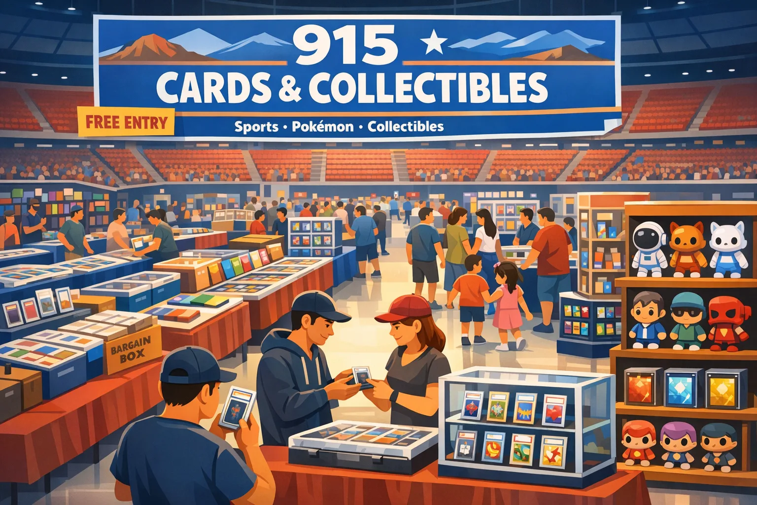 915 Cards & Collectibles card show at the EP Coliseum in El Paso with vendor tables, sports cards, collectible displays, and attendees browsing during the June 2026 event.
