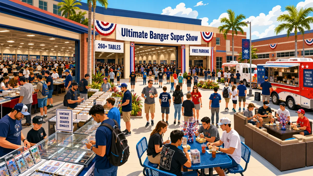 Ultimate Banger Super Show entrance with crowds streaming inside, 260+ tables banner, graded slab display cases, and food trucks under palm trees.