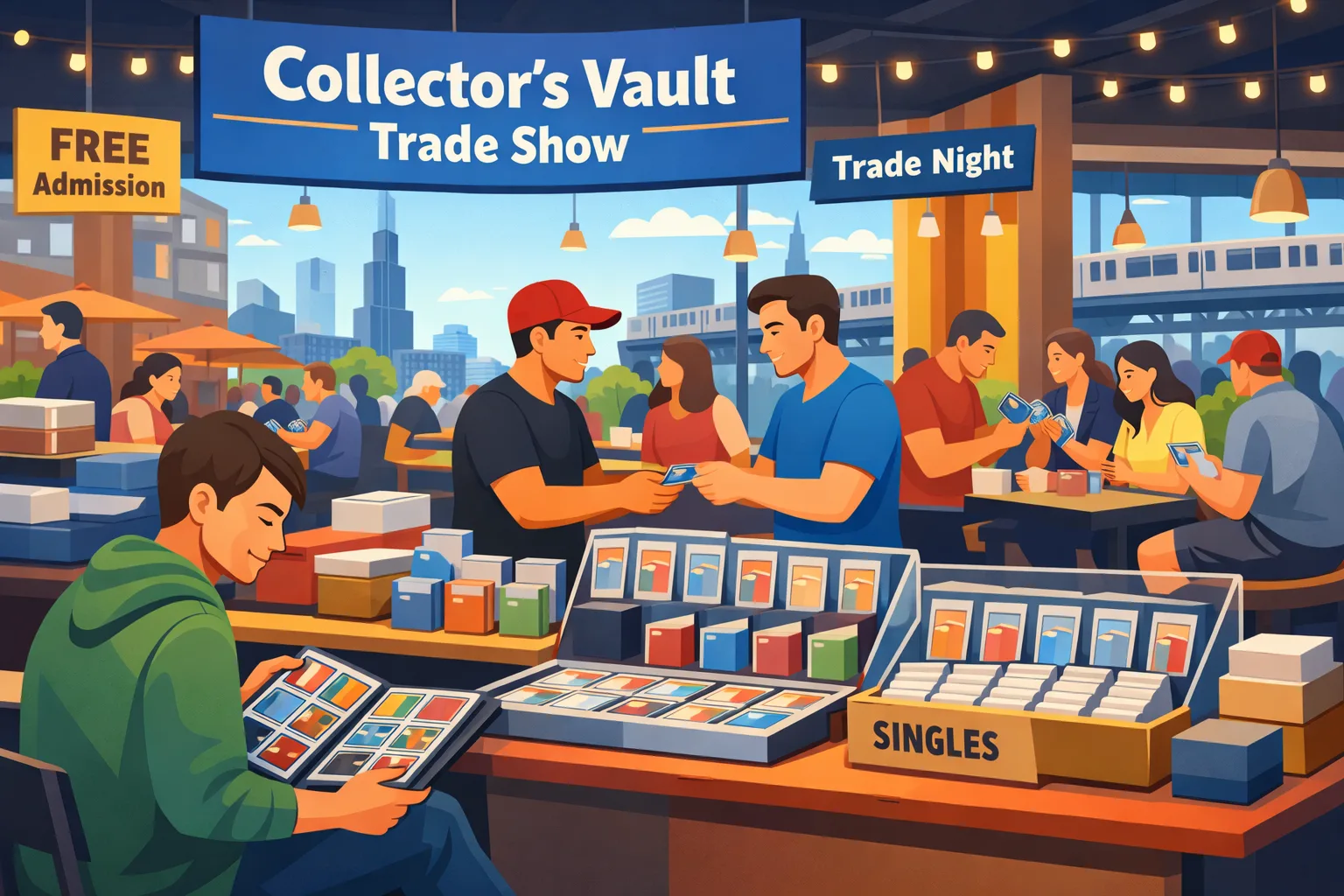 Illustration of the Collector's Vault Trade Show in Chicago inside a busy market food court, with curated vendor tables, Pokémon binders, display cases, slabs, and collectors trading cards in a relaxed evening setting.