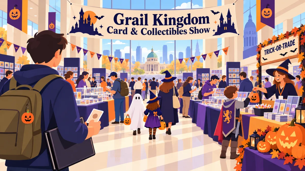 Collectors and costumed families browse trading card tables in a civic-center hall decorated with pumpkins. A Grail Kingdom Card & Collectibles Show banner hangs above the aisle as a vendor offers Halloween treats.