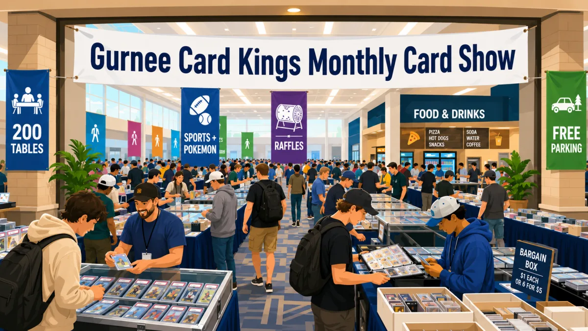Gurnee Card Kings Monthly Card Show with 200 dealer tables, sports and Pokémon booths, graded slab cases, and a bargain-box section in a busy convention hall.