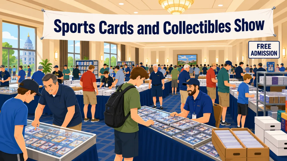 Illustration of collectors browsing card tables inside a Springfield hotel ballroom beneath a Sports Cards and Collectibles Show banner.