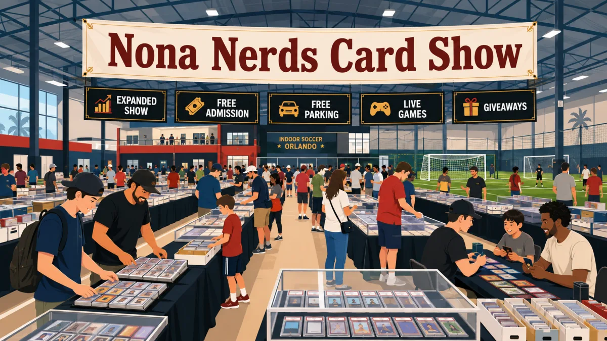 Illustration of collectors browsing and trading at the Nona Nerds Card Show inside an Orlando indoor soccer complex beneath free-admission and giveaway signs.