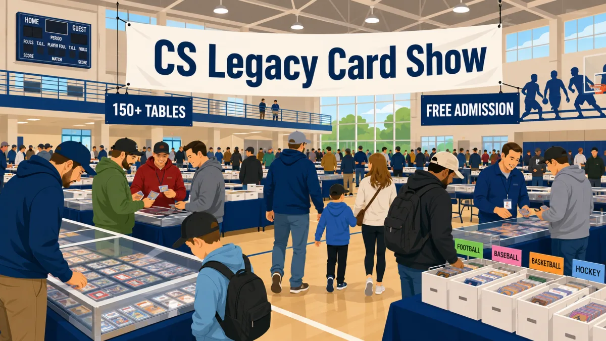 CS Legacy Card Show inside a packed gymnasium, vendors at glass display cases with sorted boxes of football, baseball, and basketball cards.