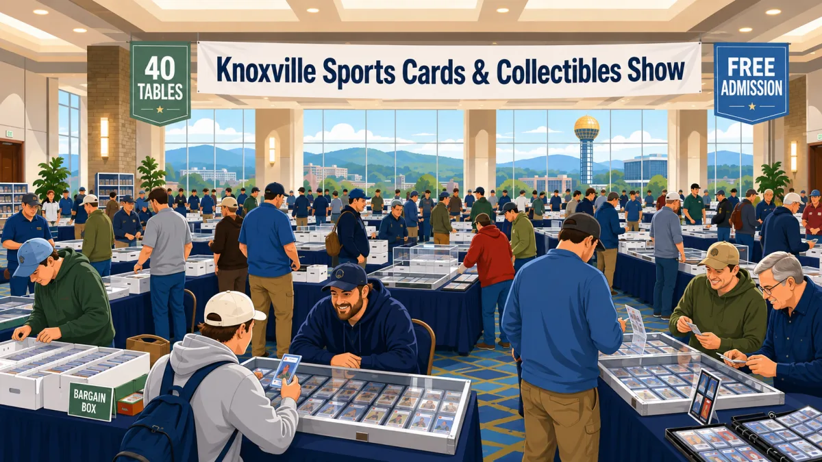 Illustration of collectors browsing 40 vendor tables inside a Knoxville hotel meeting space beneath a Knoxville Sports Cards & Collectibles Show banner. Provisional alt text, verify against the finished image.