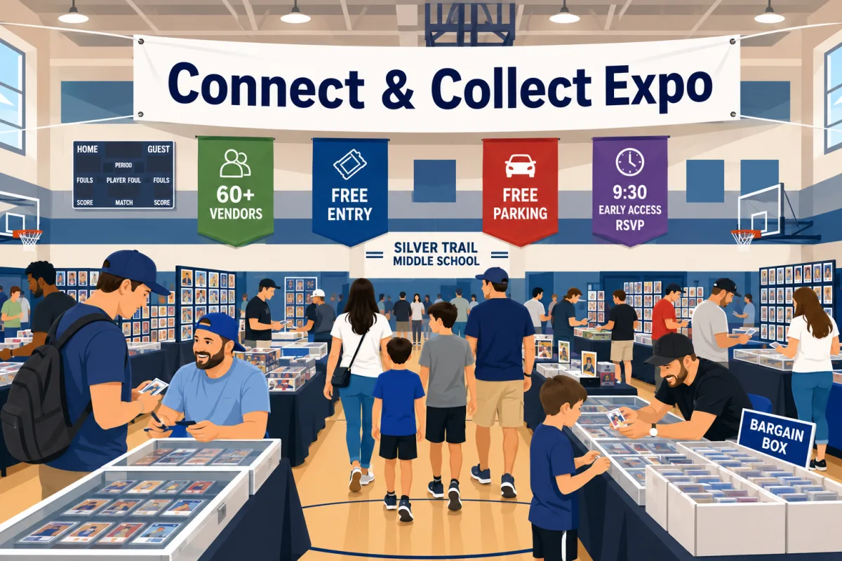 Connect & Collect Expo at Silver Trail Middle School gym, with 60+ vendor tables, families browsing graded cards, and a bargain box display.