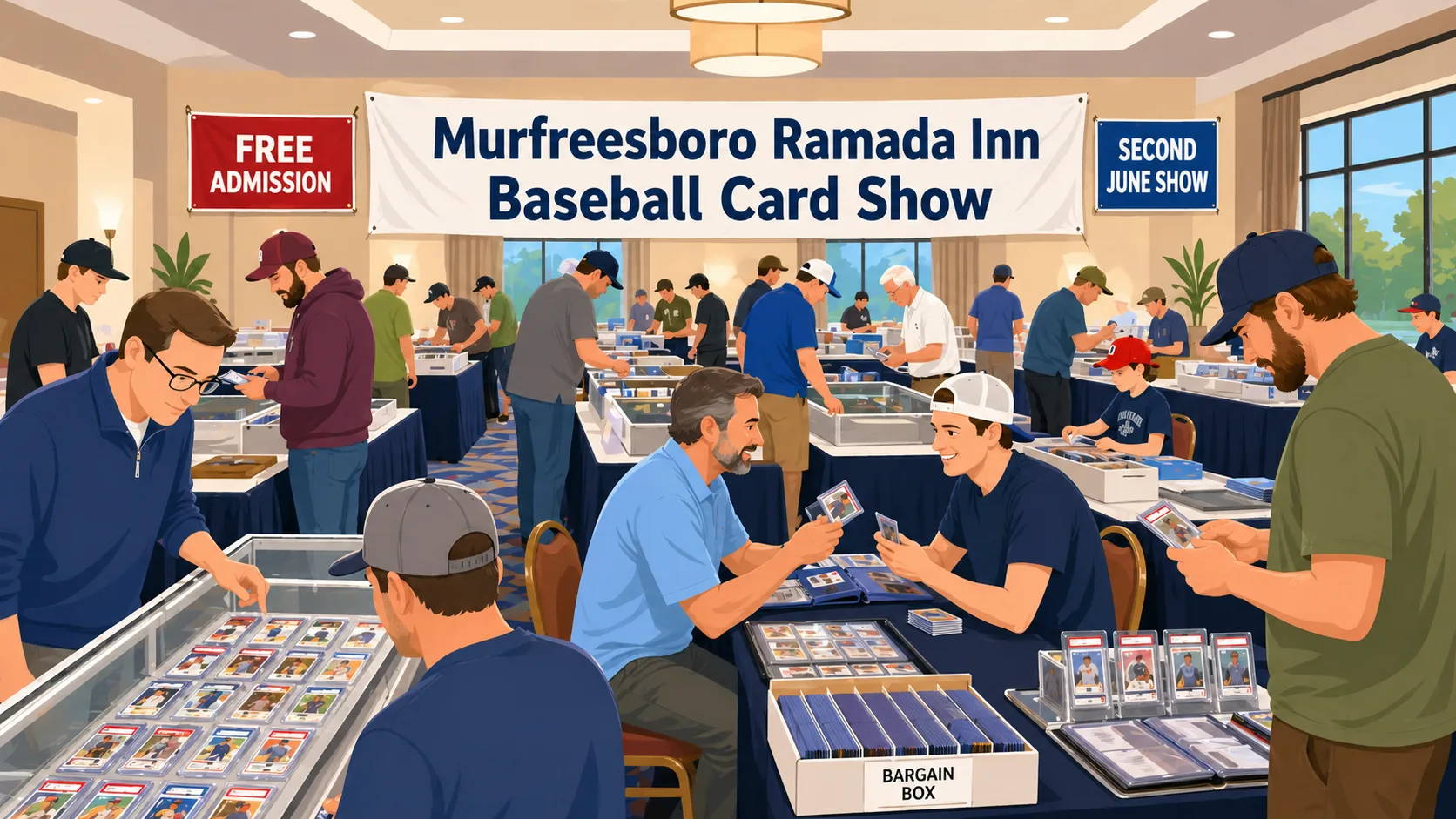 Murfreesboro Ramada Inn Baseball Card Show: collectors comparing graded slabs across a busy table, with glass display cases and a bargain box of sorted singles.