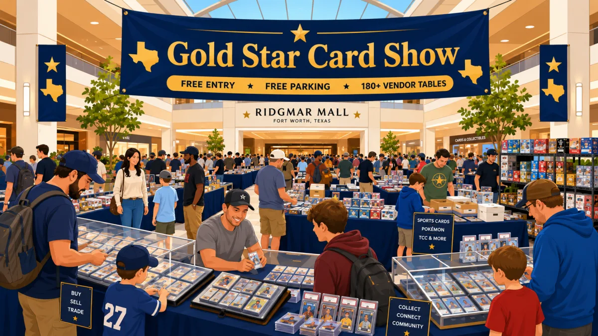Gold Star Card Show at Ridgmar Mall, Fort Worth, Texas, with crowds browsing 180+ vendor tables of graded slabs in glass display cases.