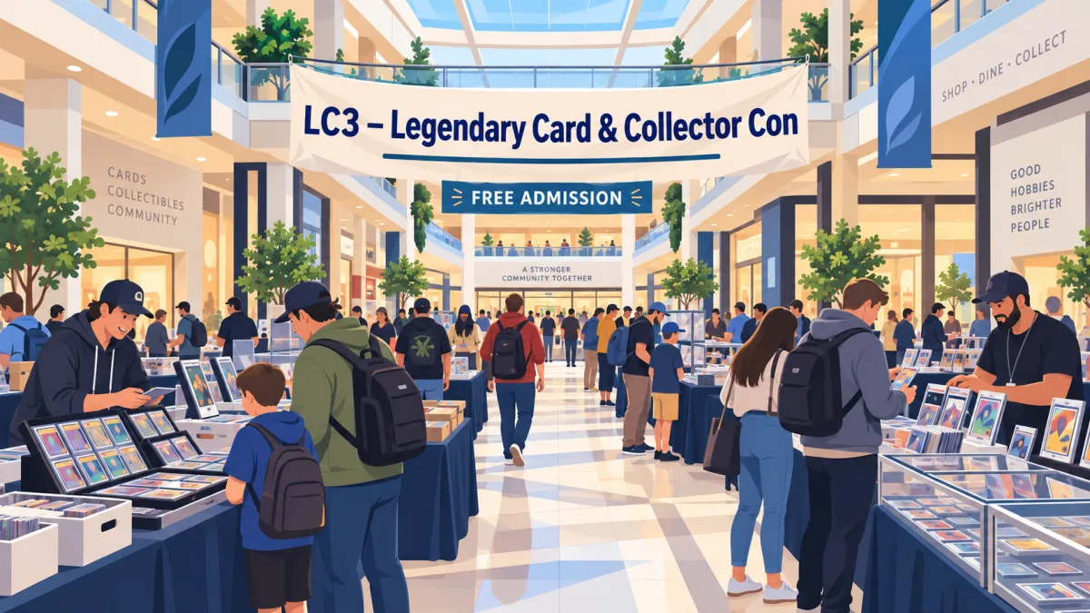 An illustrated trading card show inside a bright shopping mall, with collectors browsing vendor tables beneath an LC3 – Legendary Card & Collector Con banner and a free-admission sign.
