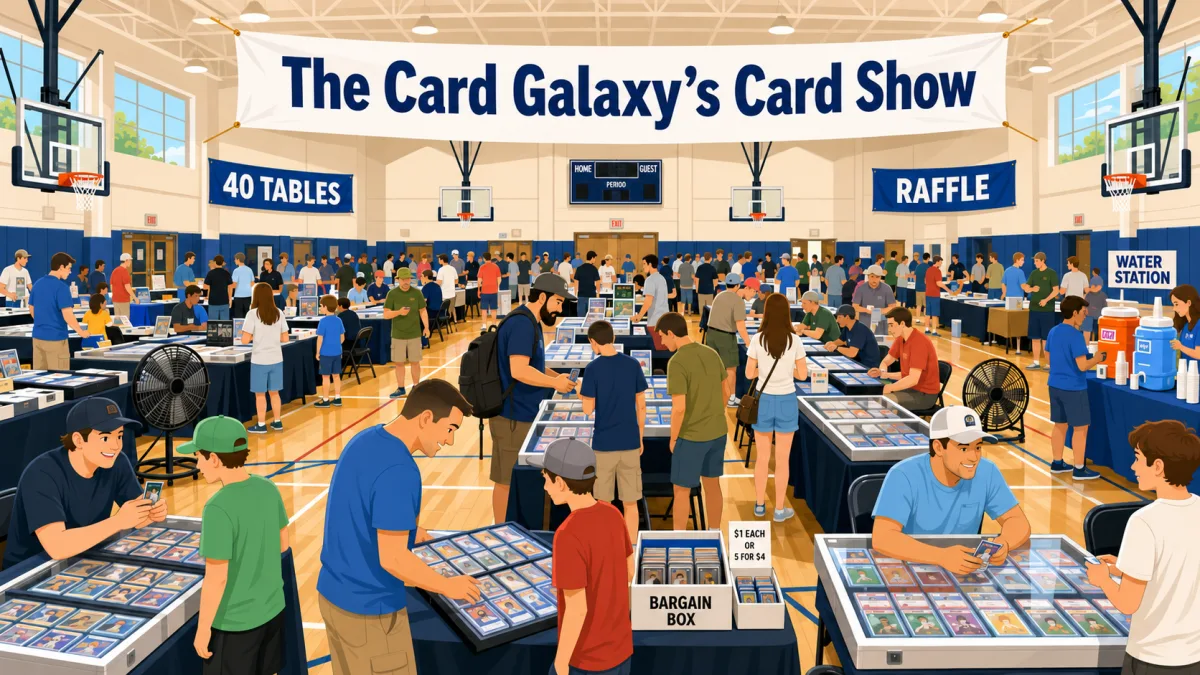 The Card Galaxy's Card Show fills a school gymnasium with 40 tables of trading cards, a bargain box with dollar cards, and a raffle banner.