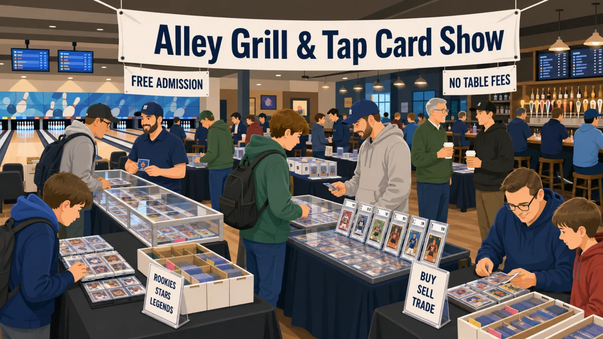 Alley Grill and Tap Card Show with collectors browsing graded card display cases and buy sell trade bins beside bowling lanes and a taproom bar.