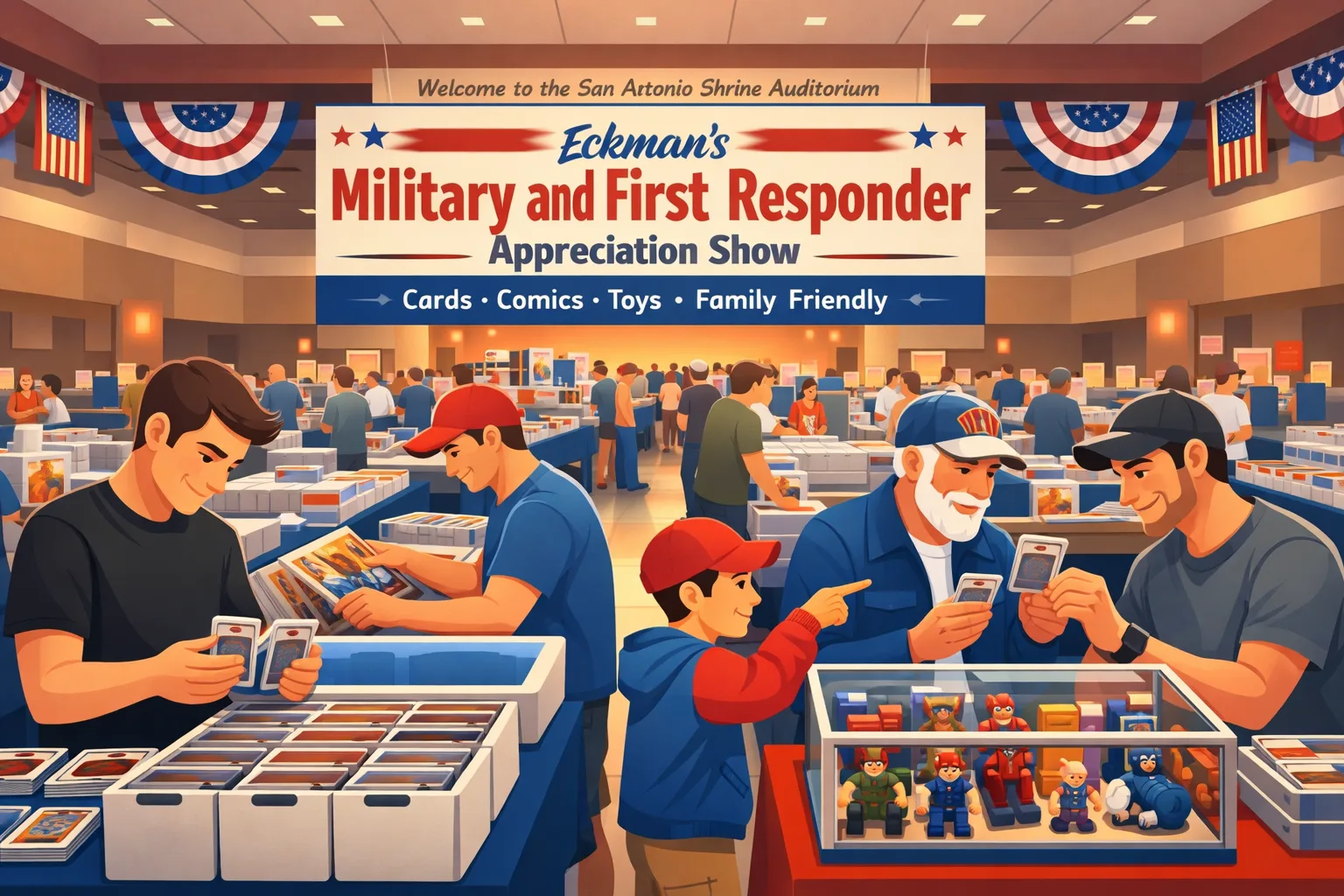 Vector illustration of Eckman’s Military and First Responder Appreciation Show in San Antonio, showing collectors browsing cards, comics, and toys in a family-friendly indoor venue.