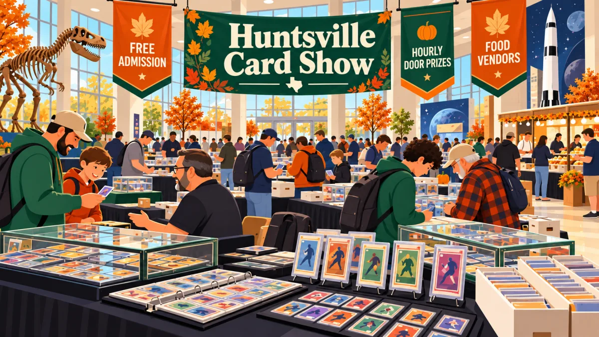 Illustrated collectors browse sports cards, trading cards, and memorabilia inside a museum conference hall beneath a Huntsville Card Show banner with free-admission and door-prize callouts.