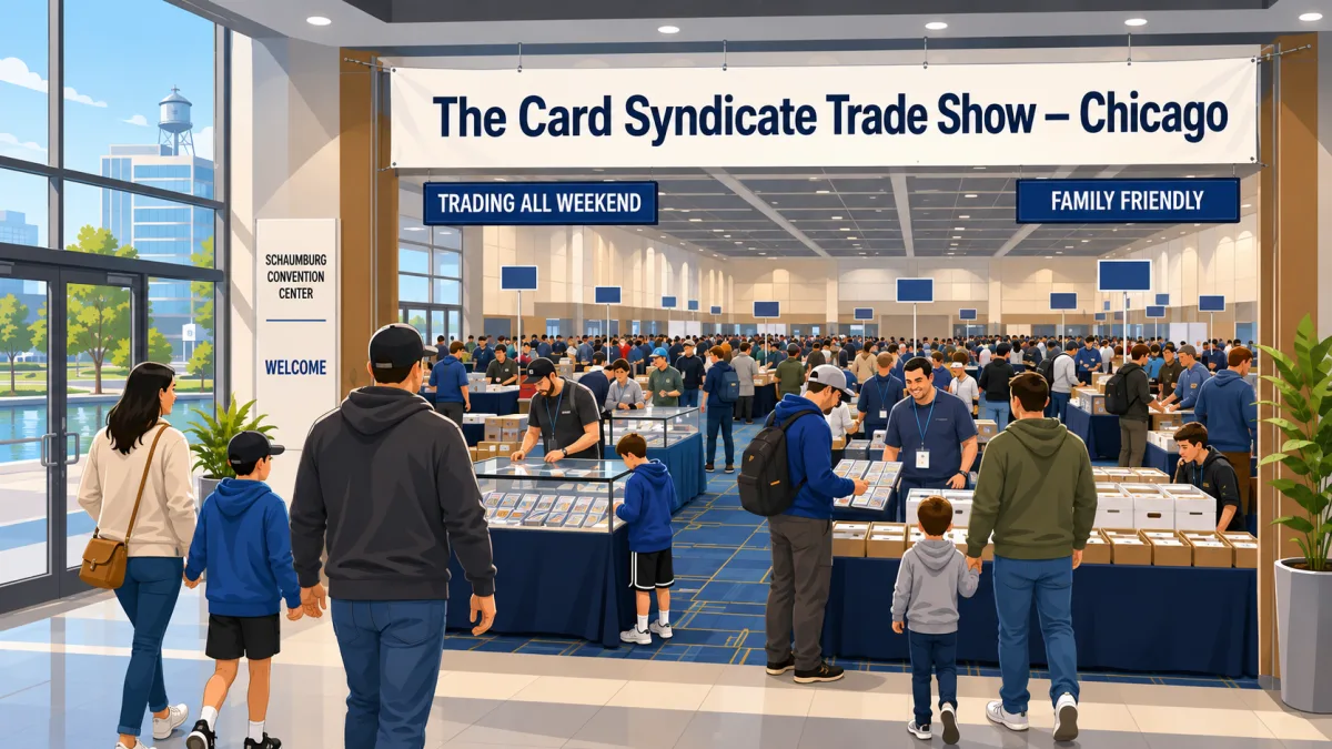 Editorial illustration of collectors and families browsing card tables beneath a The Card Syndicate Trade Show – Chicago banner inside Schaumburg Convention Center.