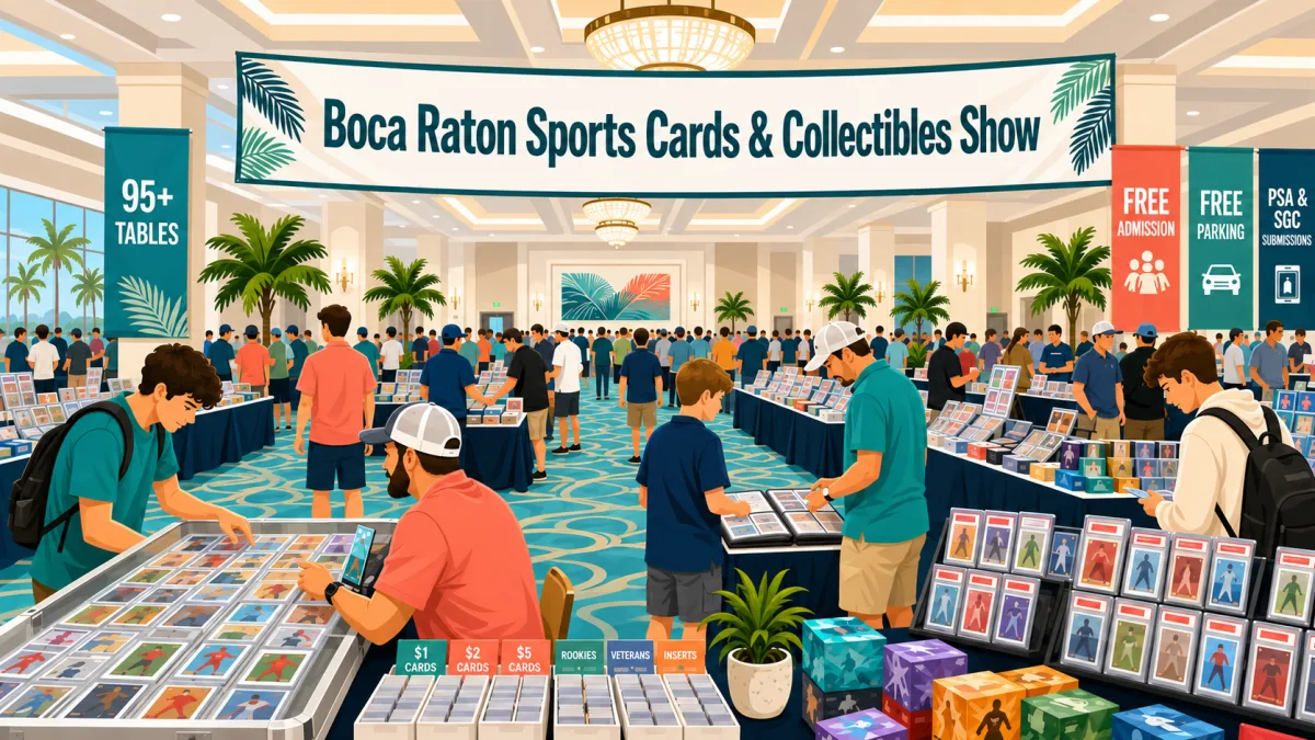 Boca Raton Sports Cards and Collectibles Show in a Florida hotel ballroom, with 95 plus vendor tables, graded card displays, and dollar bargain bins.
