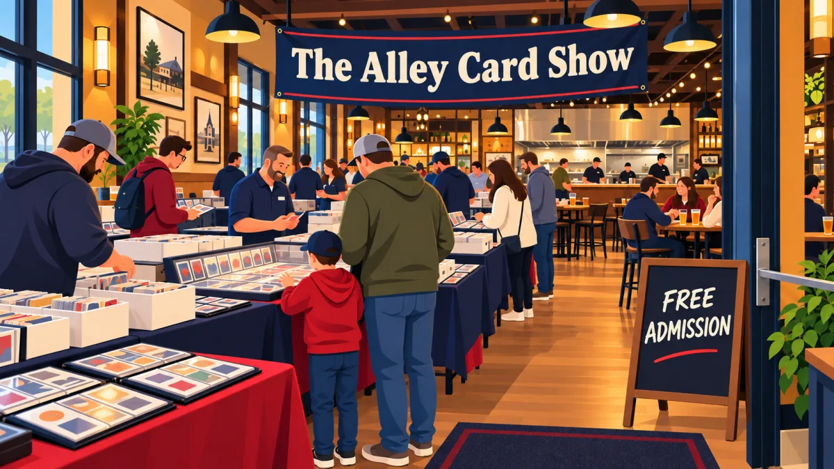 Collectors and a family browse card binders, display cases and bargain boxes beneath The Alley Card Show banner. A dining area and kitchen counter sit behind the tables, alongside a free admission sign.