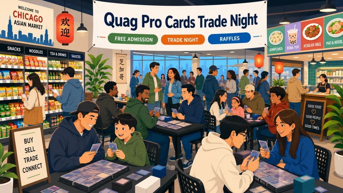 Illustration of collectors and families trading cards inside Gangnam Market beneath a Quag Pro Cards Trade Night banner with free-admission and raffle signs.