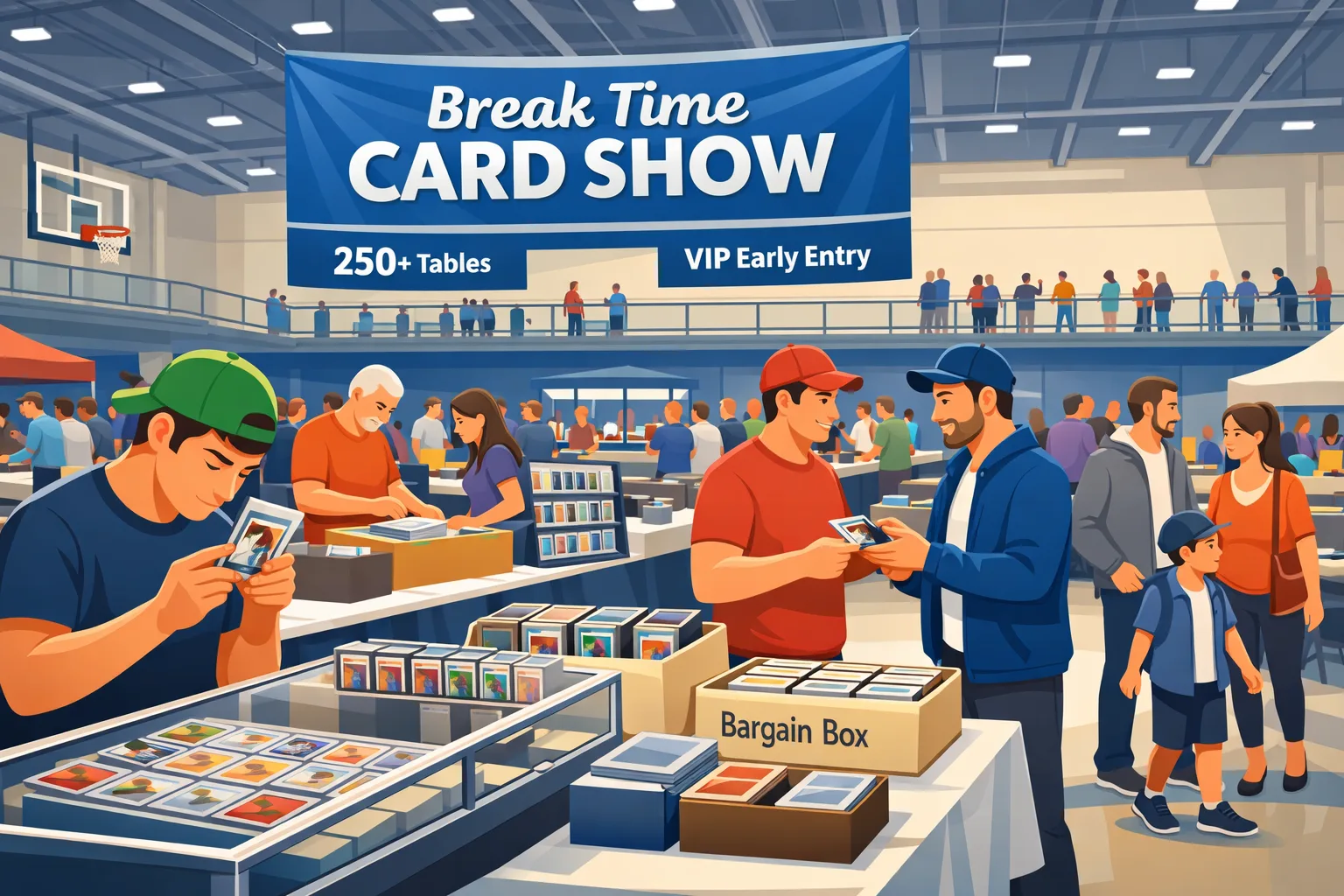 Break Time Card Show hero illustration showing a busy indoor card show in Naperville, Illinois with vendor tables, display cases, collectors browsing sports cards, Pokémon cards, and trading card game collectibles