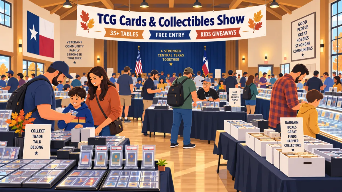 Collectors and families browse card tables inside an American Legion hall beneath a TCG Cards & Collectibles Show banner with 35+ tables, free entry, and kids giveaways callouts.