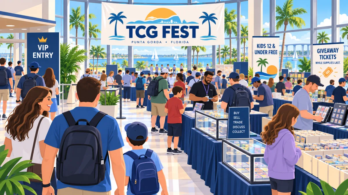 Editorial illustration of collectors and families browsing card tables inside a bright Punta Gorda waterfront conference hall beneath a TCG Fest banner.