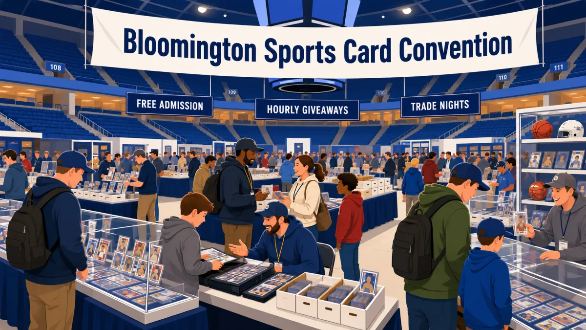 Illustration of collectors browsing card tables inside a large hockey arena beneath a Bloomington Sports Card Convention banner.