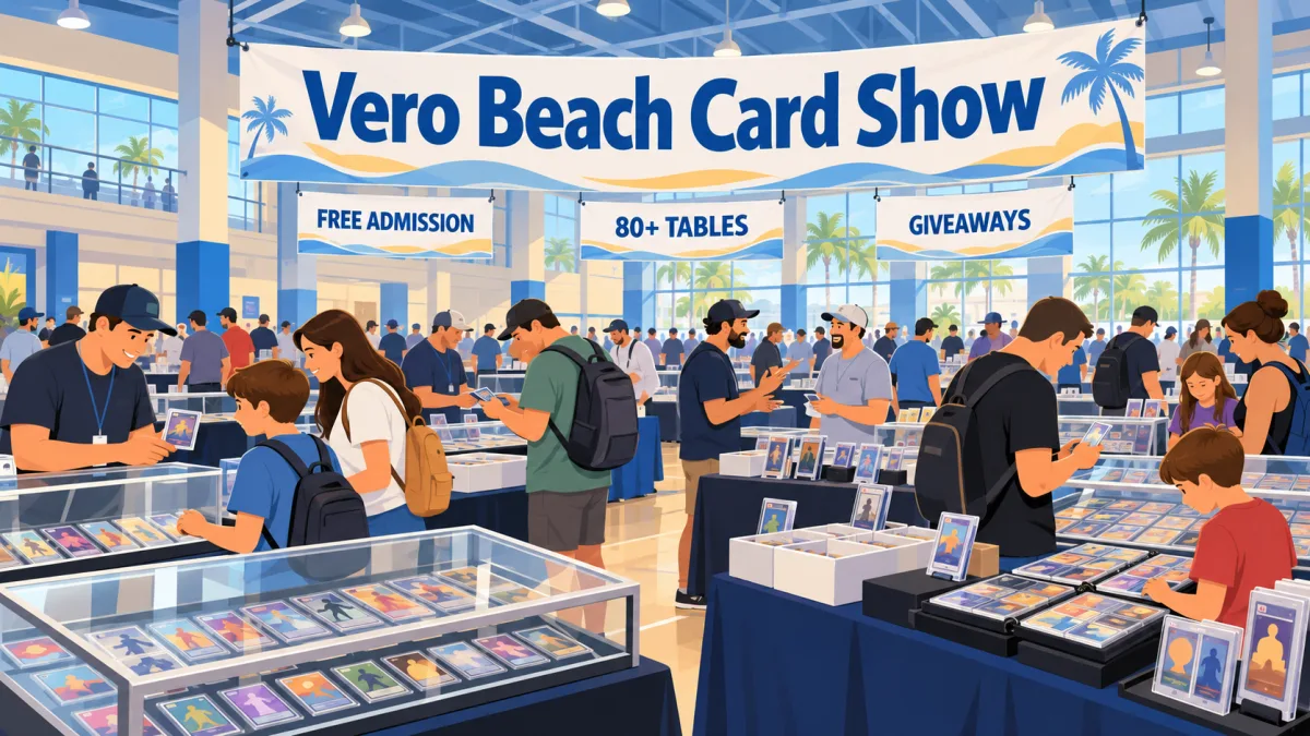 Collectors browse card tables inside Building 42 beneath a Vero Beach Card Show banner with free admission, 80+ tables, and giveaways callouts.