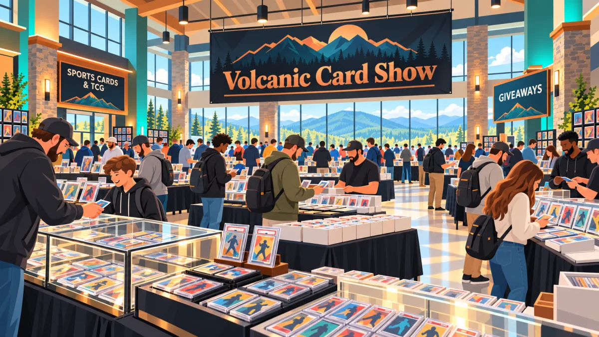 Illustration of collectors browsing card tables beneath a Volcanic Card Show banner inside a bright Morristown event center.