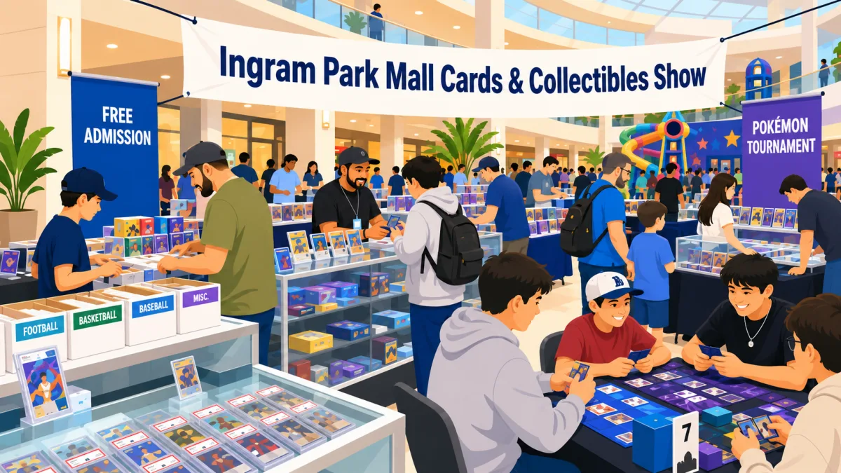 Ingram Park Mall Cards and Collectibles Show, indoor mall show with sports card vendor tables sorted by football, basketball, and baseball, a Pokemon tournament area, and shoppers browsing card boxes and display cases.