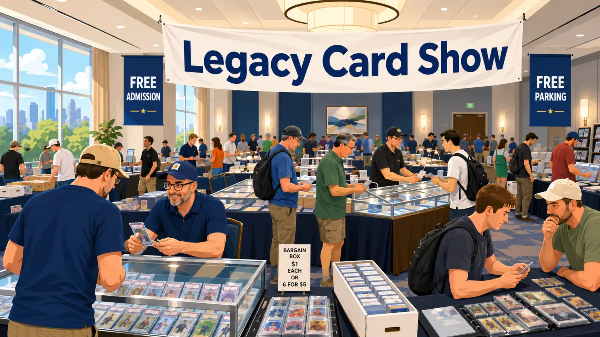 Legacy Card Show in a hotel ballroom: collectors browse graded card slabs in lit display cases, dollar bargain boxes, and binders of singles.