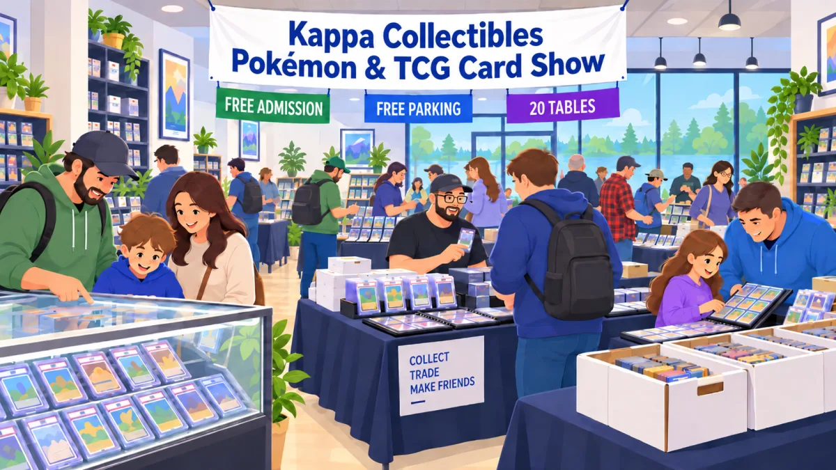 Illustrated boutique trading card show inside Kappa Collectibles, with collectors browsing tables beneath a banner for the September event.