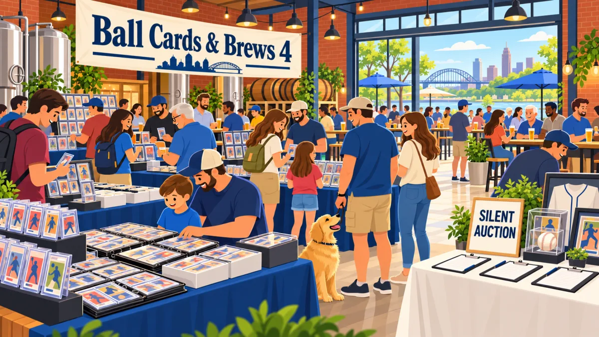 Collectors and families browse sports-card and memorabilia tables at a brewery beneath a Ball Cards & Brews 4 banner. A silent-auction table, a dog beside its owner, and an open patio complete the scene.