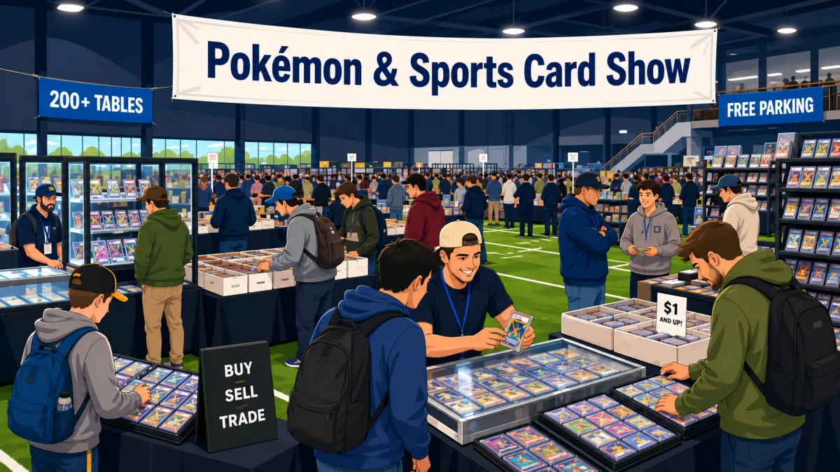 Pokémon and Sports Card Show with 200 plus vendor tables, glass cases of graded card slabs, and a buy sell trade booth inside a turf fieldhouse.