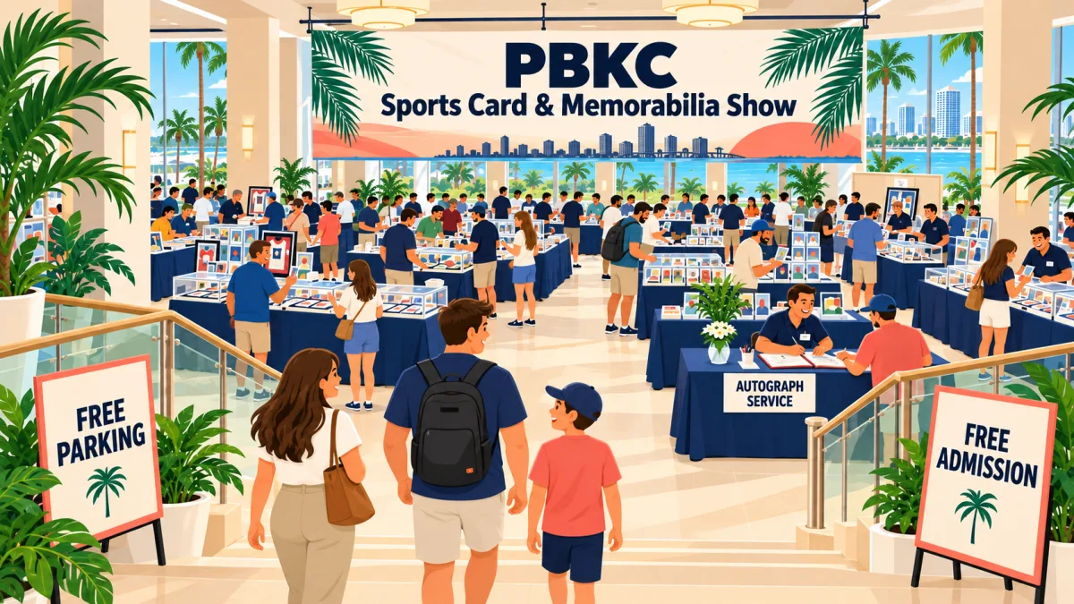 Collectors browse card displays and memorabilia tables in an upstairs event room beneath a PBKC Sports Card & Memorabilia Show banner. A small autograph-service desk sits beside the vendor area.