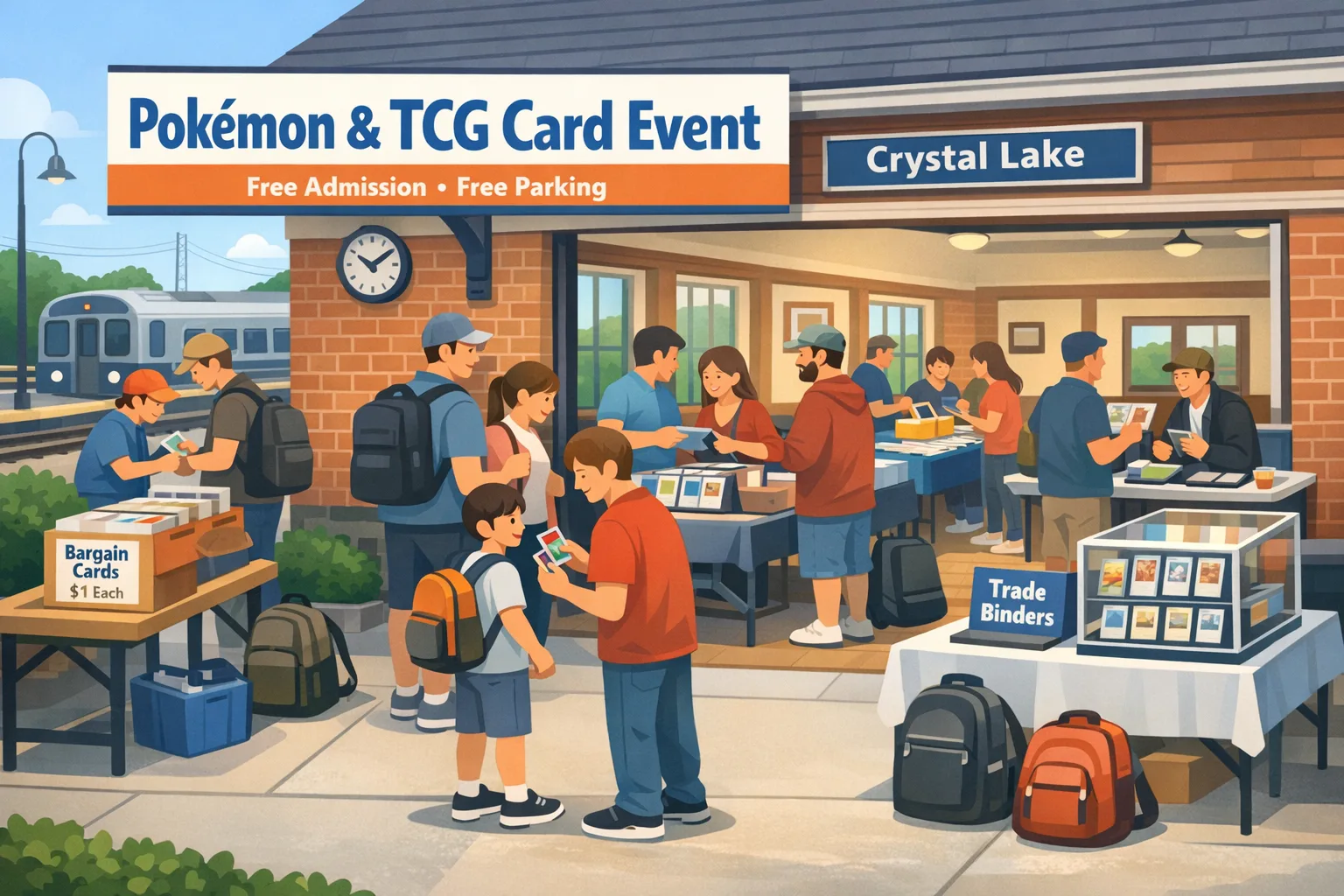Illustration of the Pokémon & TCG Card Event in Crystal Lake, Illinois, showing collectors browsing vendor tables, binders, display cases, and trading cards in a relaxed train-station setting.